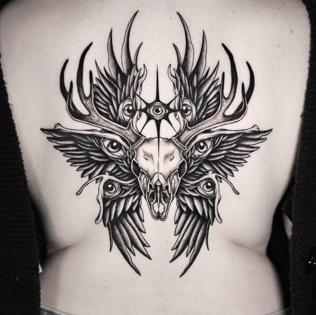 Tattoo work — deer skull and wings
